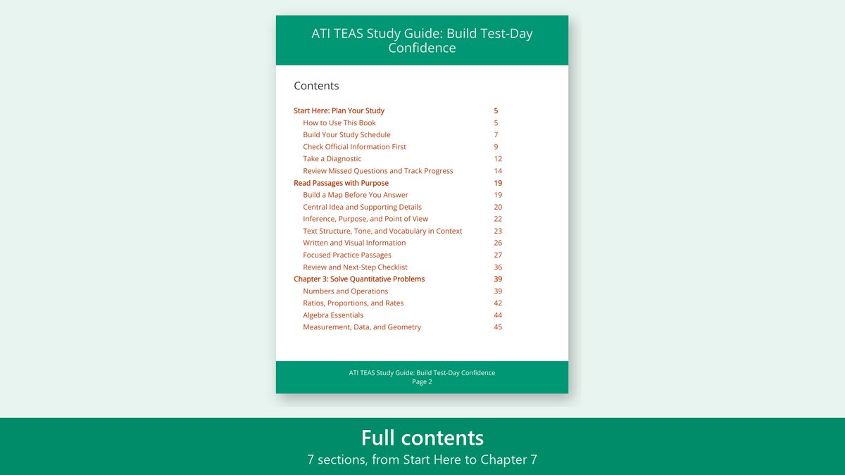 Contents of ATI TEAS Study Guide: Build Test-Day Confidence: Start Here, Read Passages with Purpose, Chapter 3, Connect Core Science Ideas and more
