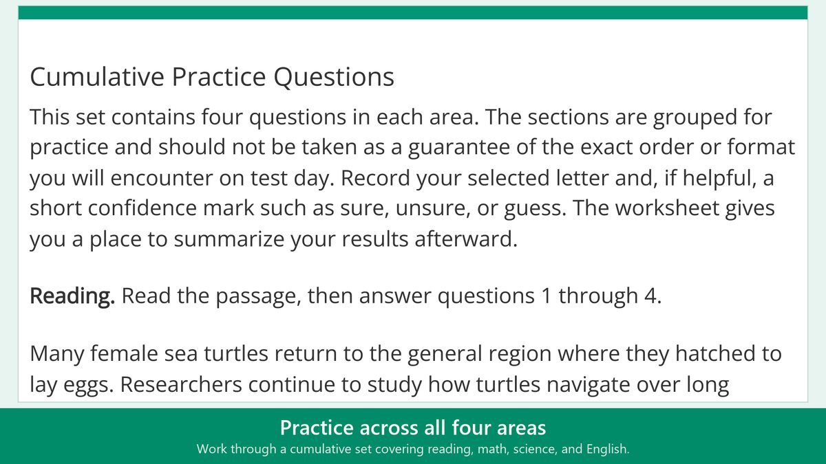 Practice across all four areas: Work through a cumulative set covering reading, math, science, and English.